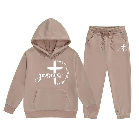 Kids Clothes Boys Kids Sweatsuit Hoodie Pants Jesus Letter Print Sweatshirt Joggers 2 Piece Sets Boys Outfits Khaki 10 Years-11 Years