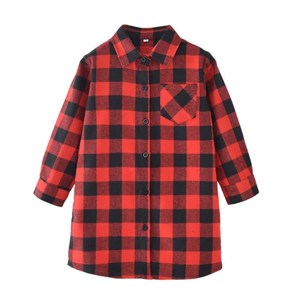 Kids Clothes Classic Casual Cotton Button Down Plaid Shirts with Pocket Long Sleeve School Lapel Collar Long Jackets Outerwear Fall Winter 2-13 Years