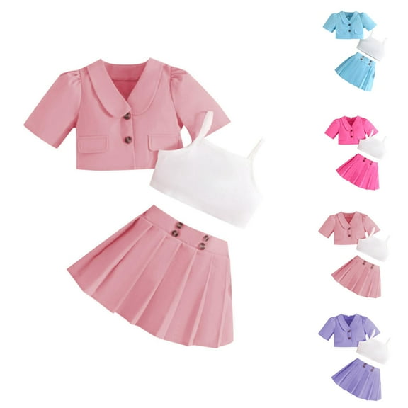 Kids Clothes Girls' Clothing Sets Toddler Kids Girls Summer Clothes Solid Short Sleeve Coat Suit Camisole Crop Tops Skirt Outfits 3Pcs Set