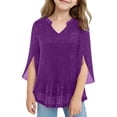 thumbnail image 1 of Kids Clothes, Sentuca Girls Shirts 3/4 Sleeve V-neck Shirts Mesh Gold Foil Shiny Tops for Party Dance Size 13 Years, 1 of 4