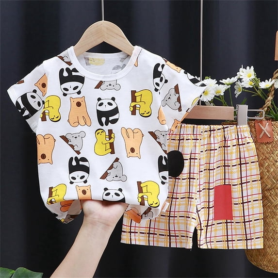 Kids Clothes Set Boy Girl T-Shirt & Shorts Summer Cartoon Casual Clothes Set (Khaki 3-4 Years)