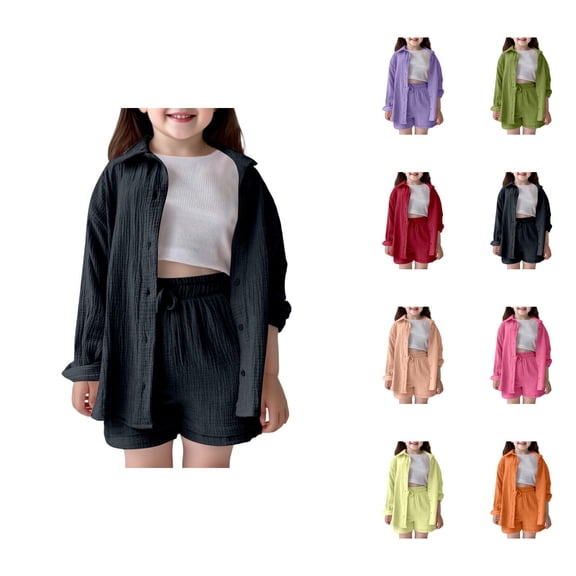 Kids Clothes Sets for Girls Girls Outfits & Sets Casual Playwear School Summer Fall Spring Toddler Kids Shirt Shorts Set Comfortable Pure Color Turn Down Collar Elastic Waist