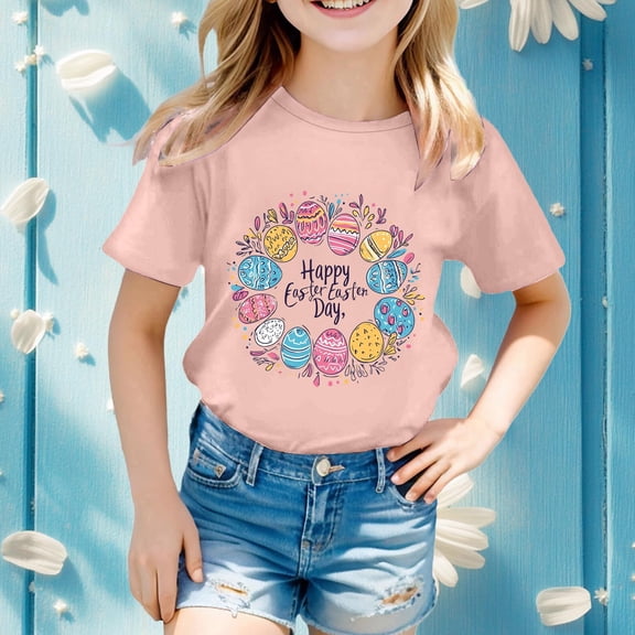 Kids Clothes for Girls Light Pink Printed Toddler Girl Short Sleeve Shirt Summer Shirts for Teens Round Neck Toddler Girl Clothes 6-7 Years