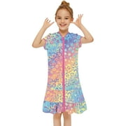 WHLBF Kids Clothes for Girls Swim Cover Up Swimsuit Coverup Zip-Up Beach Bathing Suit Robe Size 6-7 Years