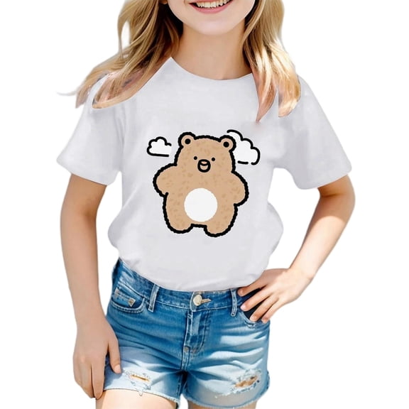 Kids Clothes for Girls White Printed Girls Short Sleeve Tops Loose Soft Summer Toddler Girl Clothes Girls Tops 6-7 Years