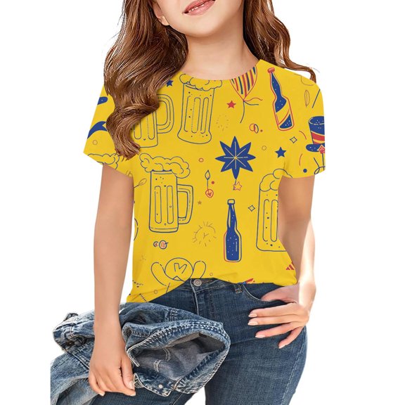 Kids Clothes for Girls Yellow Printed Girls Short Sleeve Tops Round Neck Summer Tops for Teen Girls Girls 8-9 Years Clothes Trendy