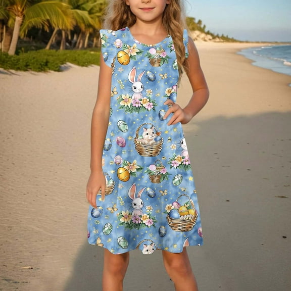 Kids Clothes for Girls under $5 Easter Eggs Bunny Ruffle Sleeve Sundress Toddler Girls Dress Summer Dresses 4-14T