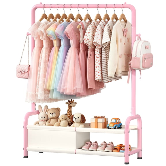 Kids Clothing Rack with Adjustable Hanging Rods and Storage Shelves Small Garment Rack for Hanging Clothes, Toddler Dress Up Closet Organizer, Kids Wardrobe Storage Rack