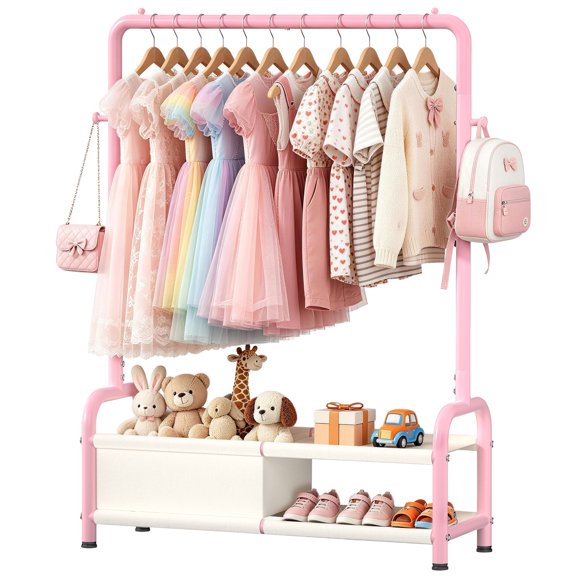 LZNIOZ Kids Clothing Rack with Hanging Rods and Storage Shelves Small Garment Rack for Hanging Clothes, Toddler Dress Up Closet Organizer, Kids Wardrobe Storage Rack