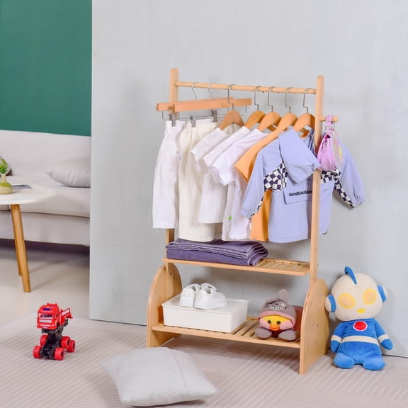 Kids Clothing Rack With Adjustable Rods, Children Clothes Garment Rack for Baby Pet, Dress Up Rack With 2 Bottom Shelves, Wardrobe Closet for Toddlers Nursery