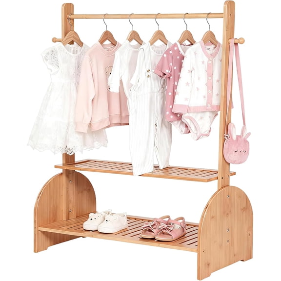 Kids Clothing Rack with Adjustable Rods, Children Clothes Garment Rack for Kids Baby Pet, Kids Dress Up Rack with 2 Bottom Shelves, Kids Wardrobe Closet for Toddlers Nursery (Natural)