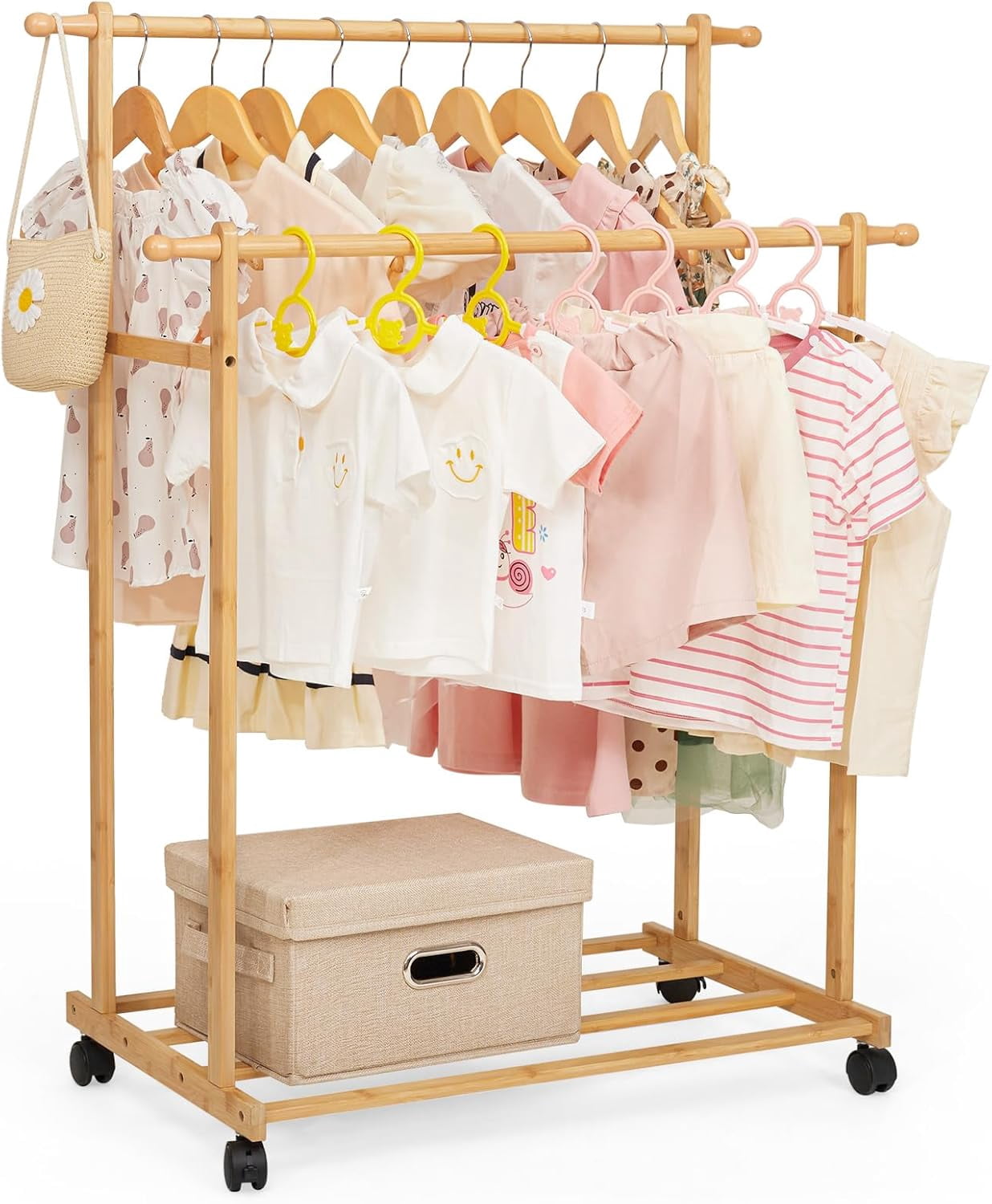 Kids Clothing Rack Bamboo with 2 Hanging Rods and 4 Hooks, Kid Dress Up ...