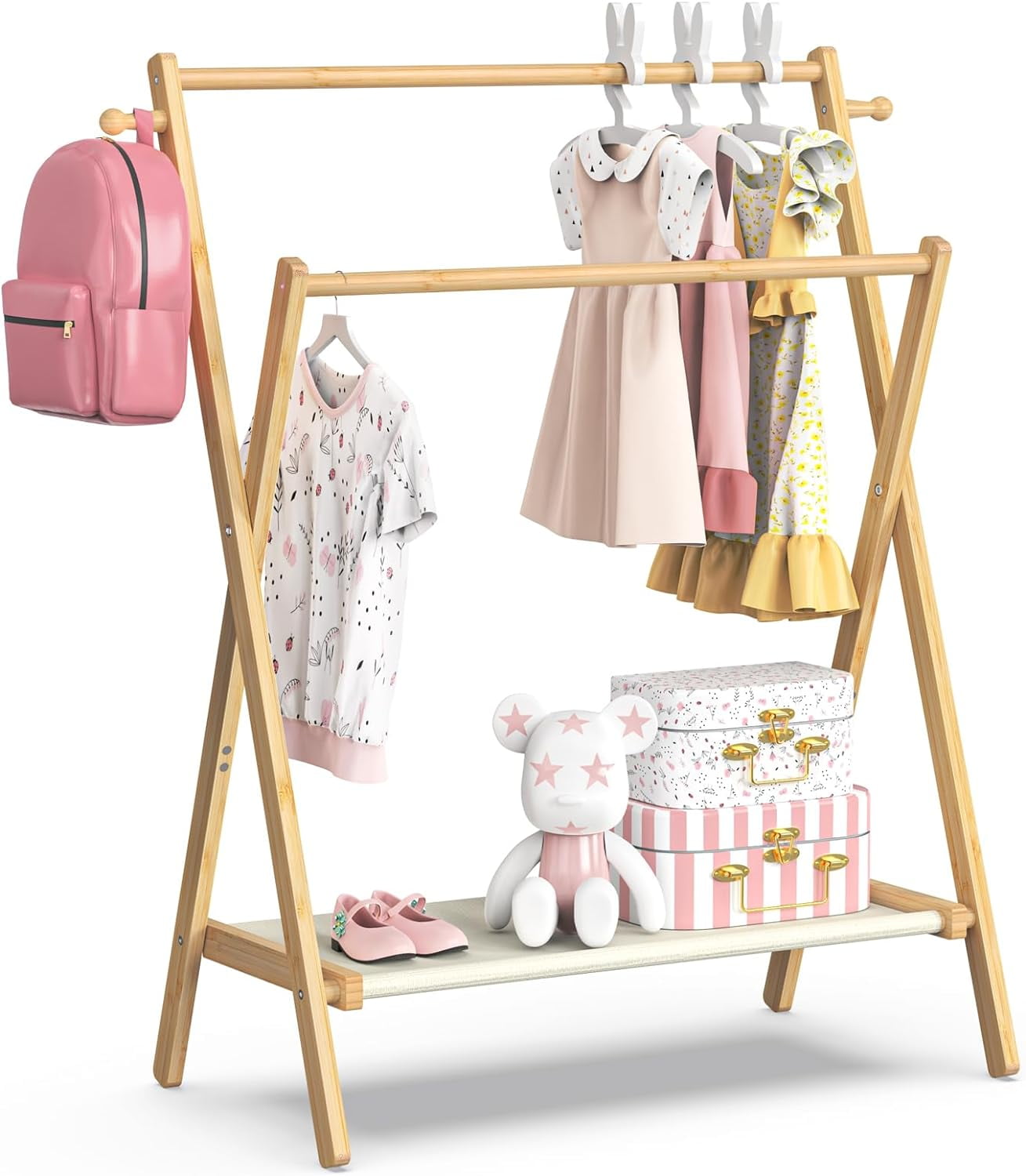 Kids Clothing Rack, Kids Dress Up Rack with Storage Shelf & Double Rods