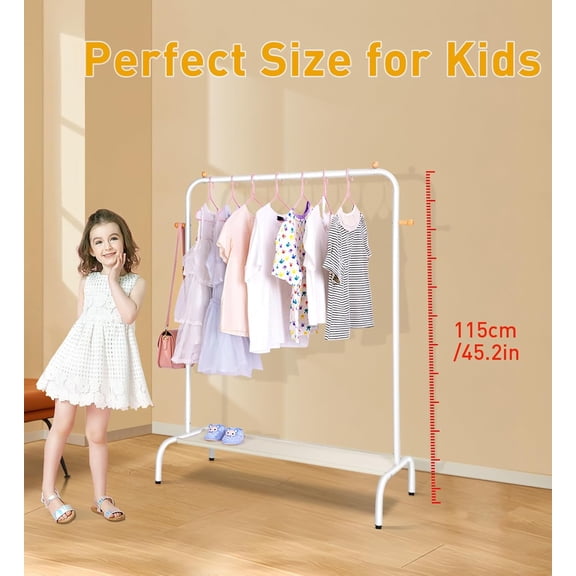 Kids Clothing Rack - Garment Rack with Bottom Storage Shelf for Children, Small Baby, & Toddler, Clothes Organizer, Shirts, Dresser, Hat, Backpack, Bedroom, White