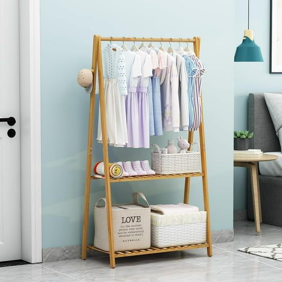 Kids Clothing Rack for Hanging Clothes, Small Toddler Clothes Racks Bamboo Wooden Garment Dress Up Storage Costume Rack with Shelves for Laundry Drying, Short, Mini, Floor Standing