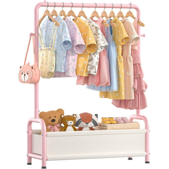 Kids Clothing Rack with Storage Shelf, Kids Dress Up Rack Storage for Coats, Small Baby Garment Rack for Hanging Clothes, Toddler Wardrobe Closet Organizer for Kids (Classic, Pink)