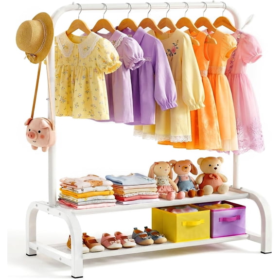 Kids Clothing Rack for Ages 3-6 with 2 Fabric Storage Shelves and Hooks White