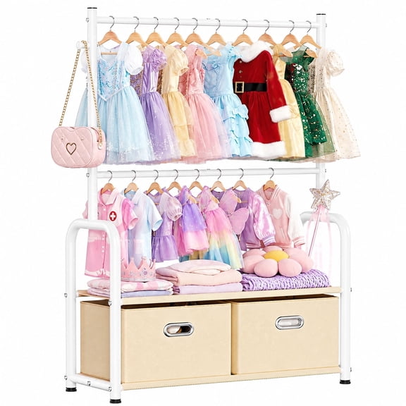 Kids Clothes Rack with 2 Removable Bottom Storage Baskets Toddler Dress Up Closet Organizer for Bedroom Playroom Nursery, White