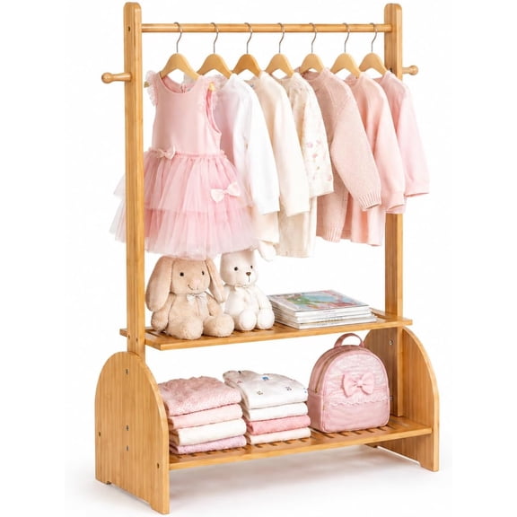 Kids Clothing Rack with Adjustable Rods and 2 Bottom Shelves Natural