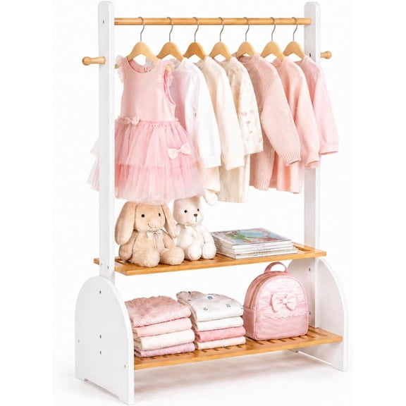 Kids Clothing Rack with Adjustable Rods and 2 Bottom Shelves White