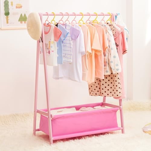 Kids Clothing Rack with Storage Box, Dress up Holder, Child Garment Hanger with Hanging Rods, Small and Foldable, Bamboo (Pink)