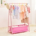 thumbnail image 1 of Kids Clothing Rack with Storage Box, Dress up Holder, Child Garment Hanger with Hanging Rods, Small and Foldable, Bamboo (Pink), 1 of 14