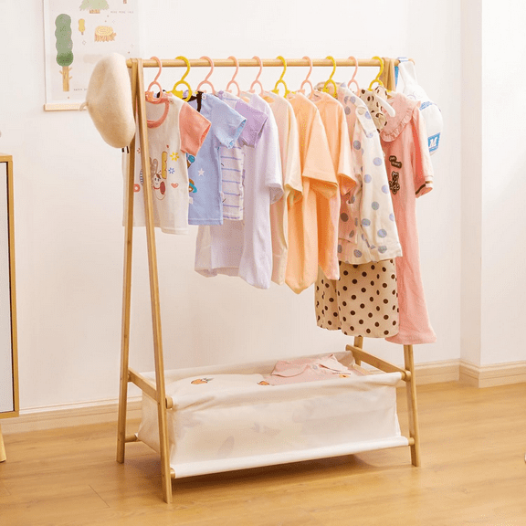Kids Clothing Rack with Storage Box, Dress up Holder, Child Garment Stand with Hanging Rods, Small and Foldable, Bamboo (Natural)