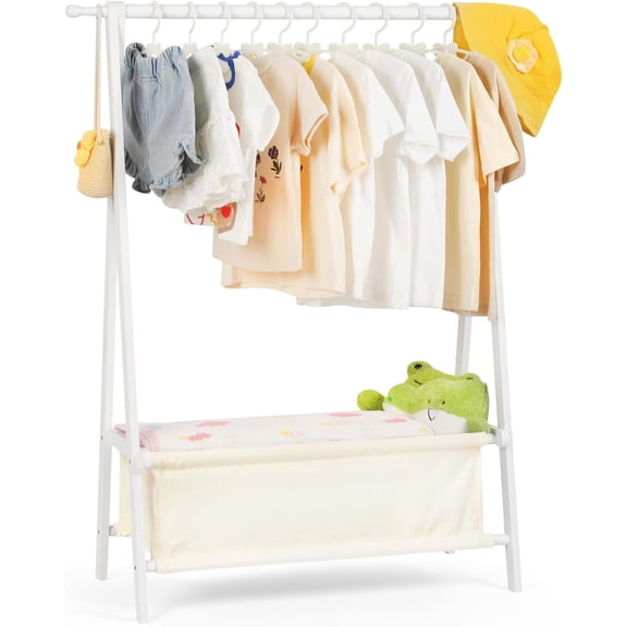 Kids Clothing Rack with Storage and Dress-Up Features, Bamboo, White
