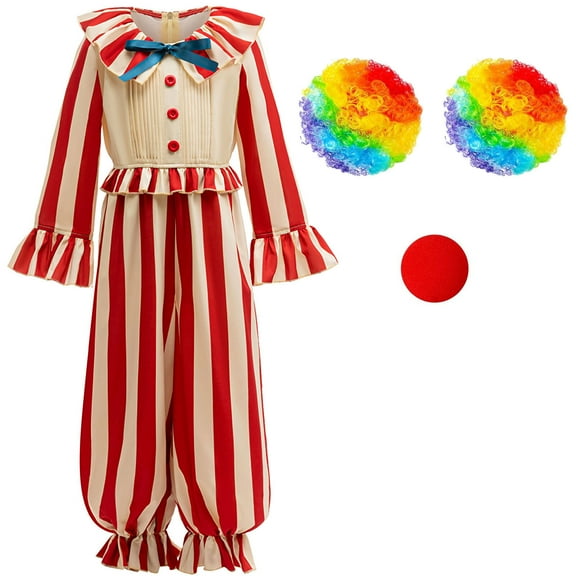 Kids Clown Jumpsuit Outfits with Rainbow Wig&Nose Halloween Costume for Boys Girls, Size 8-9Y