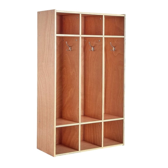 Kids Coat Locker - 3 Section Wooden Cubby Organizer with Hooks & Storage Boxes, Natural Finish