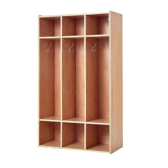 Kids Coat Locker 3-Section, Wooden Toddler Cubby Organizer with Hooks & Bins, Natural Finish for Home, Daycare, Kindergarten