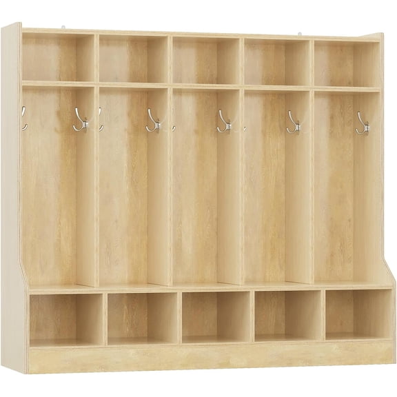 Kids Coat Locker, Smooth Wood Surface 10 Cubbies, Daycare Cubby with 4 Hidden Casters & 10 Hooks, Cubby Storage Organizer for Nursery, Home, School