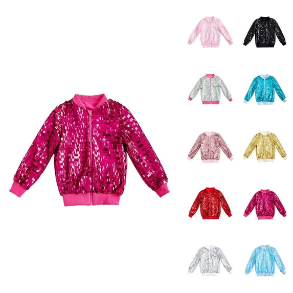 Kids Coats Girls Coats Sequin Jackets Girls Solid Color Long Sleeve Zip Up Jacket For Kids Christmas Shiny Fashion Clothes