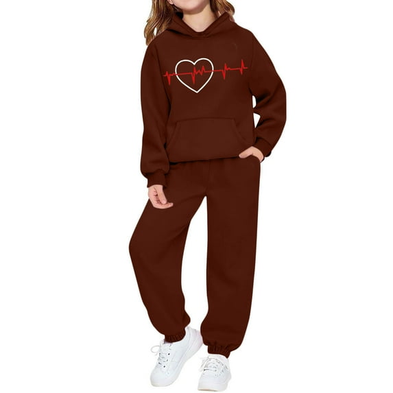 Kids Coffee Brown Tracksuit 2-Piece Set, Unisex Hoodie & Joggers with Heart Graphic, Comfy Loungewear Play Clothes for Boys Girls Ages 4-12 Years,Size 3-4T