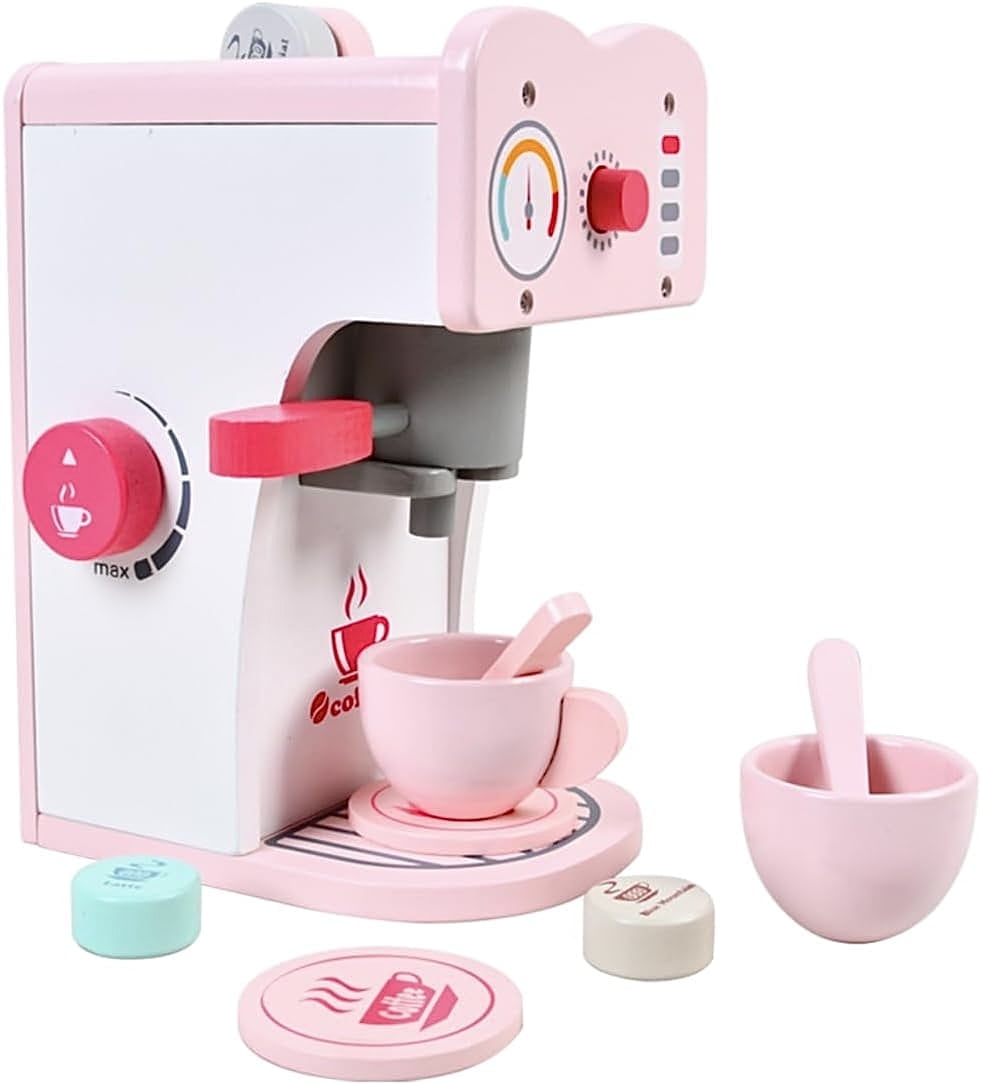Kids Coffee Maker Wooden Kitchen Toys,Wooden Coffee Maker Toy for Imaginative Play,Wooden Coffee Maker Set - Play Kitchen Accessories Gift for Girls and Boys