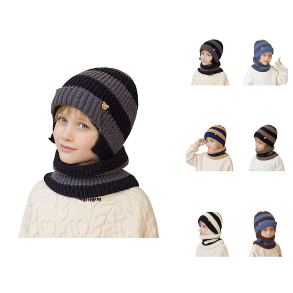 Kids Color Block Knit Set - Warm Ear Flap Hat And Neck Warmer Combo, Winter Stocking Stuffers, For Girls Boys Outdoor Cold Weather