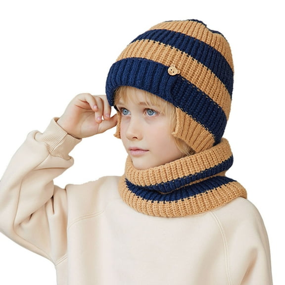 Kids Color Block Knit Set - Warm Ear Flap Hat And Neck Warmer Combo, Winter Stocking Stuffers, For Girls Boys Outdoor Cold Weather Christmas Gifts for Teens