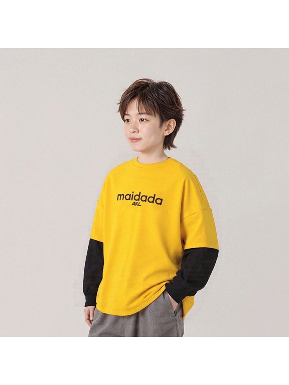 Kids Color Block Layered Look Long Sleeve Shirt for Boys Oversized Yellow Top Soft Stretchy Casual Streetwear T-Shirt Ages 7-15,Size 9-10 T