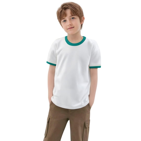 Kids Color Block Ringer Tee, Short Sleeve Crewneck T Shirt, Cotton Stretch Summer Top for Boys Girls