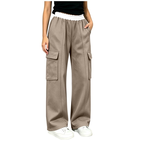 Kids Color Block Ruffle Waist Cargo Wide Leg Pants, Multi Side Pockets Loose Fit Soft Sweat Trousers Khaki 9-10 Years