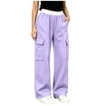 thumbnail image 1 of Kids Color Block Ruffle Waist Cargo Wide Leg Pants, Multi Side Pockets Loose Fit Soft Sweat Trousers Purple 5-6 Years, 1 of 9