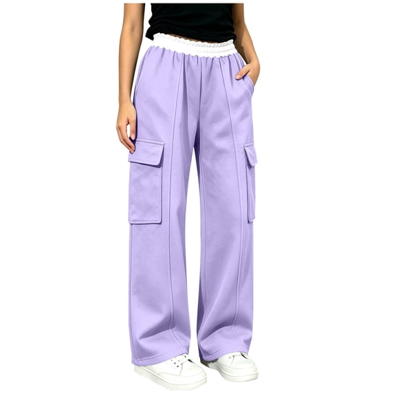 Kids Color Block Ruffle Waist Cargo Wide Leg Pants, Multi Side Pockets Loose Fit Soft Sweat Trousers Purple 5-6 Years