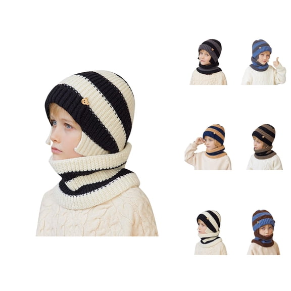 Kids Colorblock Knit Two-Piece Set – Warm Ear Protection Hat and Soft Neck Warmer for Cold Weather,Cozy Winter Accessories for Outdoor Play School Travel, Seasonal Gift Ideas Stocking Stuffers Ski