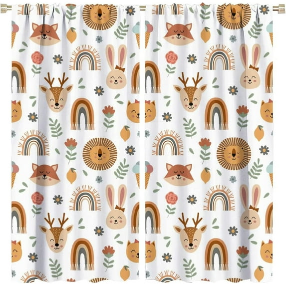 Kids Colorful Animals Curtains Cute Cartoon Funny Wildlife Rainbow Flower Leaf Art Print for Kids Bedroom Nursery Decor Rod Pocket Blackout Window Drapes 2 Panels 42x54in