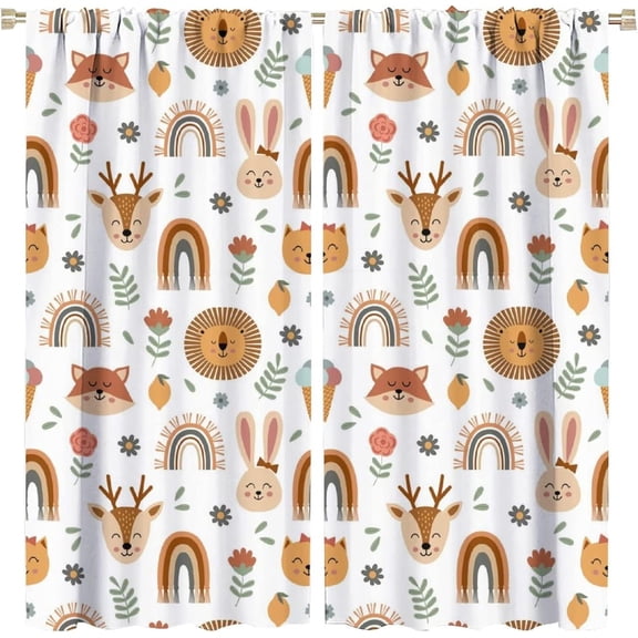 Kids Colorful Animals Curtains Cute Cartoon Funny Wildlife Rainbow Flower Leaf Art Print for Kids Bedroom Nursery Decor Rod Pocket Blackout Window Drapes 2 Panels 42x54in