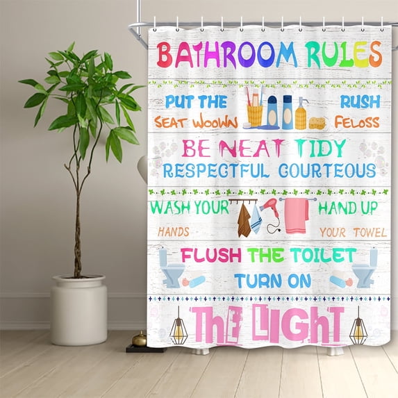 Kids Colorful Bathroom Rules Shower Curtains,Kids Shower Curtain,Inspirational Quotes Wood Planks Words Cloth Fabric Shower Curtain for Bathroom Decor,Children Bathroom Curtain with Hooks 47X64in