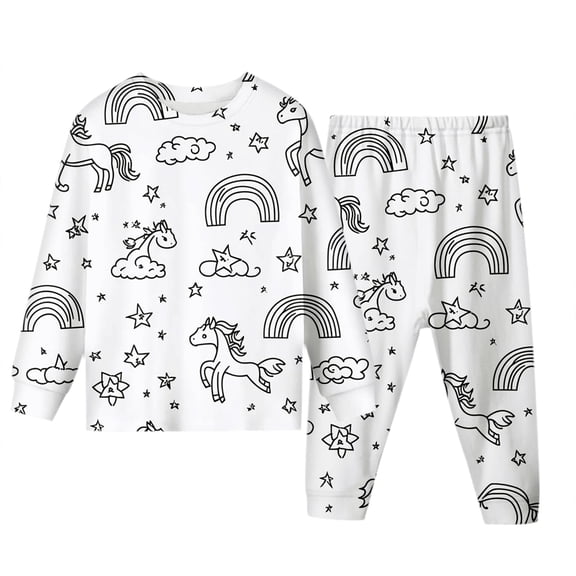 Kids Coloring Pajamas Long Sleeve Pullover Top with Pajamas Pants Funny Cute Cartoon Print Cotton DIY Children's Clothing Kids Pajamas You Can Color on Baby Christmas Pajamas for Girls 2T