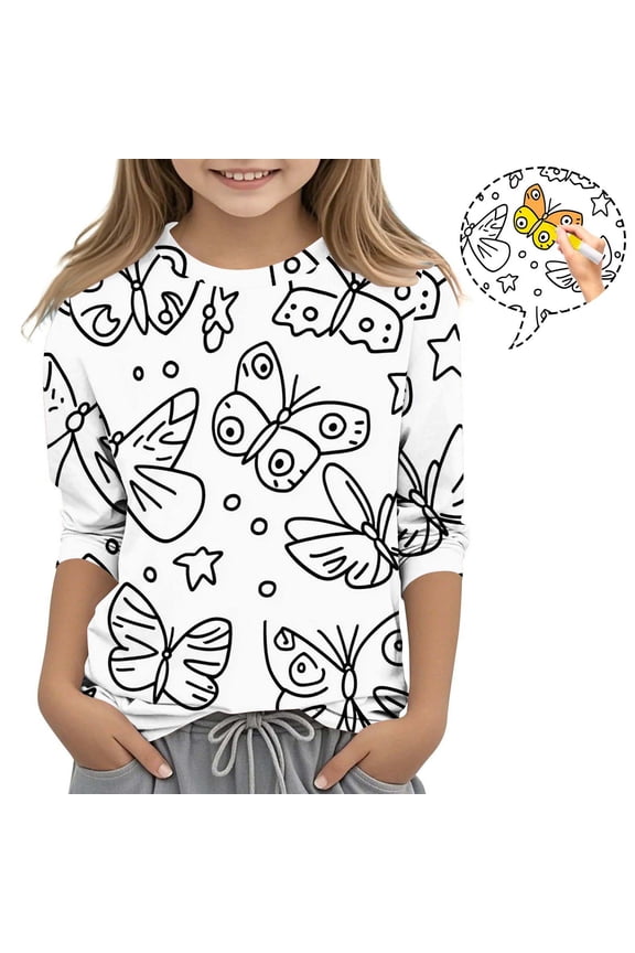 Kids Coloring Tops Funny Gift 3/4 Sleeve T Shirt Color-In DIY Crewneck Pullover Shirts Tunic Top Girls Cute Clothes, White, 5 Years