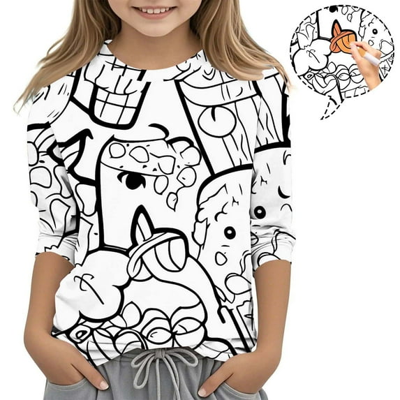 Kids Coloring Tops Funny Gift 3/4 Sleeve T Shirt Color-In DIY Crewneck Pullover Shirts Tunic Top Girls Cute Clothes, White, 5 Years