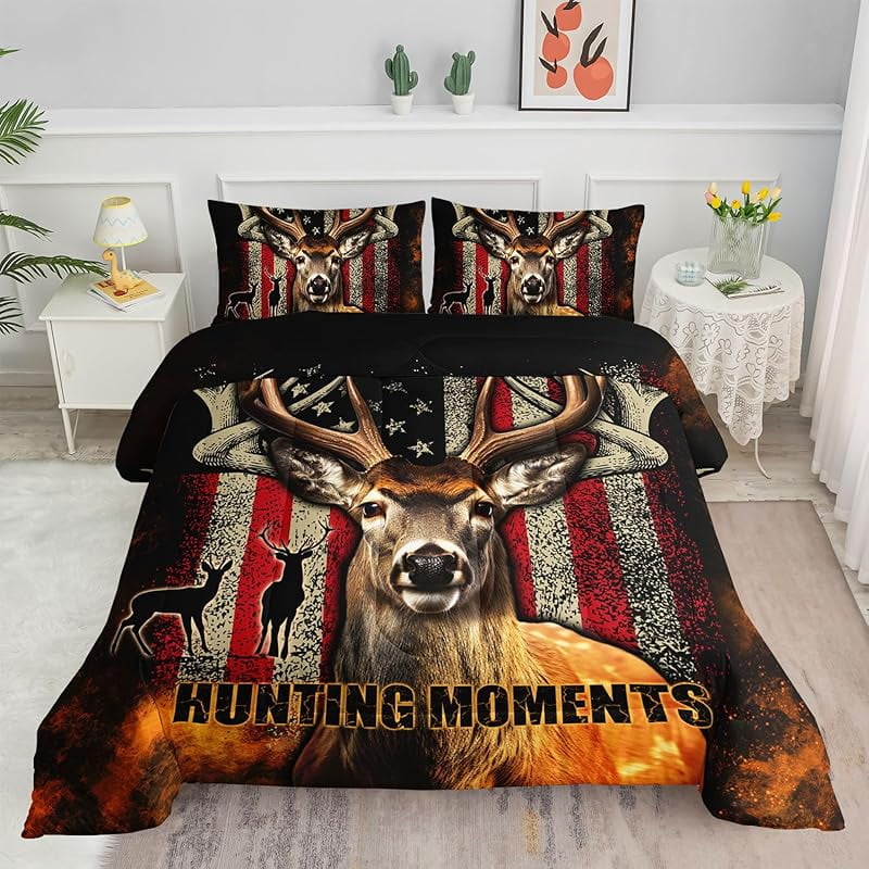 Kids Comforter Set American Flag Deer Printed Pattern Bedding Set with